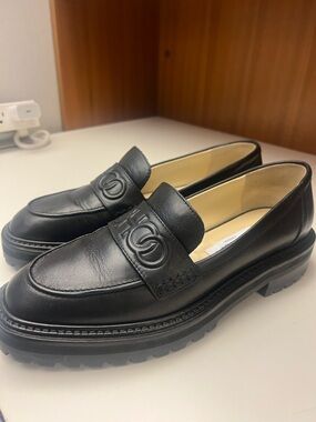 Jimmy Choo Black Leather Logo Strap Loafers.  Like new condition